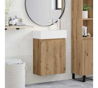 Yunovire Meuble de salle de bain en chêne Artisan avec lavabo en céramique et mitigeur, montage mural, espace de rangement avec porte et étagère, idéal pour salle de bain, WC d'invités, ensemble de