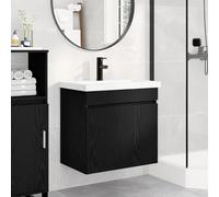 Yunovire Meuble de salle de bain en chêne noir avec lavabo et robinet en céramique, 61 x 40 x 74,5 cm, montage mural, beaucoup d'espace de rangement, meuble de salle de bain moderne pour WC et salle