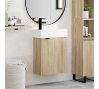 Yunovire Meuble de salle de bain en chêne Sonoma avec lavabo en céramique et mitigeur noir, espace de rangement, porte réversible, montage mural, ensemble de meubles de salle de bain modernes pour WC