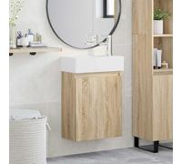 Yunovire Meuble de salle de bain en chêne Sonoma avec lavabo en céramique, robinet mitigeur et espace de rangement, montage mural, portes réversibles, meuble de salle de bain moderne pour invités WC