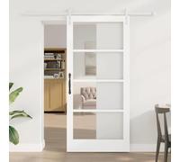 Yunovire ORKDAL Porte coulissante blanche 93 x 202 cm en bois massif de pin et verre intérieur avec rail coulissant et butoir de porte pour salon, cuisine, chambre à coucher et garage