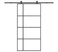 Yunovire Porte coulissante avec ferrure, 102,5 x 205 cm, verre ESG, aluminium, noir, rail de 213,5 cm, butée de porte, roulettes, pour porte d'entrée, porte d'entrée latérale, rénovation