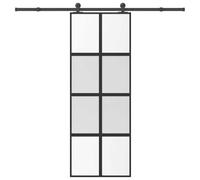 Yunovire Porte coulissante avec ferrures en verre trempé et aluminium - 76 x 205 cm - Noir transparent mat - Avec rail et butoir de porte - Porte intérieure peu encombrante pour rénovation
