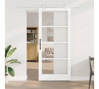 Yunovire Porte coulissante blanche 93 x 211 cm en bois massif de pin et verre avec guide de rail, roulettes et butoir de porte pour intérieur, peu encombrant, design moderne, idéale pour salon
