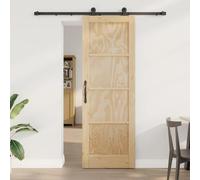 Yunovire Porte coulissante naturelle et noire 73,5 x 211 cm en pin massif avec guide en acier revêtu par pulvérisation pour l'intérieur, design peu encombrant et glisse en douceur