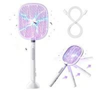 Yunsotra Tapette à mouches électrique 2 en 1, 4000 V, extra forte, 1200 mAh, rechargeable avec piège à lumière UV et filet sûr, poignée rétractable