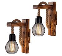 YUNYODA 2Pièces Applique murale en corde de chanvre en bois industriel, personnalité créative, poulie dascenseur, luminaires muraux, lampe rétro vintage pour café de chambre à coucher (sans ampoule)