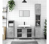 YUOGHRTFE Armoire de salle de bain en bois avec 3 compartiments Gris béton | Matériau en bois résistant à l'humidité, pieds en fer de style industriel, support mural inclus, charnière de porte gauche ou