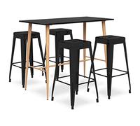 YUOGHRTFE Ensemble de bar 5 pièces noir avec table de comptoir et tabourets de bar modernes, plateau en MDF, pieds en métal aspect bois, tabouret en métal laqué avec barre transversale renforcée et