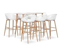 YUOGHRTFE Ensemble de bar 7 pièces blanc moderne avec table basse en MDF et 6 tabourets de bar aspect maille, sièges robustes en polypropylène avec pieds en métal aspect bois, charge jusqu'à 110 kg