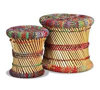 YUOGHRTFE Lot de 2 tabourets en bambou multicolores avec design exotique et détails chinois colorés, pieds en fer stables, idéal comme repose-pieds ou table d'appoint pour éléments décoratifs