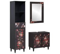 YUOGHRTFE Lot de 3 armoires de salle de bain en bois massif de manguier | 3 pièces, bois massif de mangue, motif floral, boutons en laiton, miroir plat, espace de rangement, salles de bains petites à