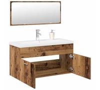 YUOGHRTFE Lot de 3 meubles de salle de bain aspect bois vieilli avec lavabo | Montage mural, espace de rangement, résistant à l'humidité, lavabo intégré, robinet d'eau chaude et froide inclus