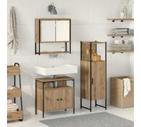 YUOGHRTFE Lot de 3 meubles de salle de bain en bois marron avec miroir | Armoire à miroir, meuble sous lavabo, armoire haute de salle de bain, poignées de barre, pieds de poteau, montage mural