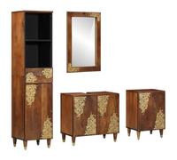 YUOGHRTFE Lot de 4 armoires de salle de bain en bois de manguier Marron | Bois de manguier massif, montage mural, miroir, boutons en laiton, beaucoup d'espace de rangement