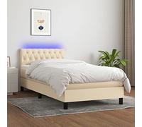 YUOTYRKTEJRSG Sommier à Lattes Lit avec Matelas LED Crème 90x200 cm Tissu Complet avec Tête de Lit Réglable Bande Lumineuse USB Ressorts Ensachés Surmatelas Mousse pour Chambre à Coucher Salon