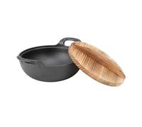 Yusat Wok en fonte à base plate avec couvercle en bois, non revêtu, pour une cuisine asiatique chinoise authentique (25 cm)