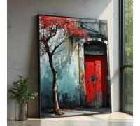 YUSUZHU Tableau sur toile représentant une porte rouge rustique, un arbre d'automne aux feuilles rouges, style architectural vintage - Grande toile décorative (40 x 60 cm, sans cadre)