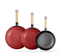 YUTANN Lot de 3 Poêles Induction 20/24/28 cm Fonte Antiadhésive, Rouge | Manche en bois amovible, pratique au four ; tous feux dont induction haute puissance, chaleur stable pour saisir et mijoter