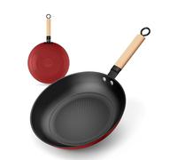 YUTANN Poêle Induction 20cm Fonte Antiadhésive Manche Bois Amovible, Rouge | Compatible toutes sources de chaleur incluant induction haute puissance, maintient température stable pour saisir et mijoter