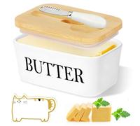 YUTUY Beurrier en Porcelaine,Boîte à Beurre avec Couvercle en Bambou,Couteau à Beurre,avec éponge de nettoyage,Scellée Beurrier Utilisé pour Placer du Beurre du Fromage Fruit Salade
