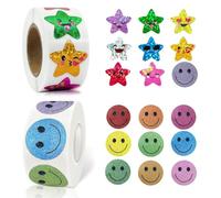 YUVKIN 1000 gommettes autocollantes Smiley en rouleau Happy Face holographiques pour tableau de récompense enfant, enseignants et parents (formes rondes et étoilées)