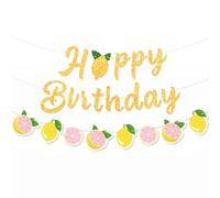 YUXMU Lot de 3 guirlandes Happy Birthday dorées, motif citron pailleté, guirlande d'anniversaire à suspendre, décoration de fête d'anniversaire, bannière pour décoration Happy Birthday