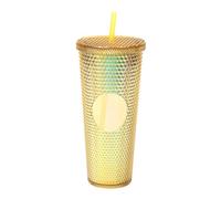 YUYTE Mat clouté de Grande capacité de 710ML/24OZ, Gobelet en Plastique Réutilisable avec Large Ouverture, Couvercle étanche et Paille, pour Boissons Chaudes et Froides (Or transparent)