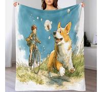 YVASPQRTW Garçon Corgi à Vélo Plaid De Lit en Polaire Résistant, Couverture Douce Déco Chambre Campagne Champ Aquarelle Nature Enfants Filles, 40x50inch(100x130cm)