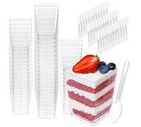 YVCVQKUC Lot de 50 tasses à dessert carrées avec 50 cuillères, coupelles à dessert transparentes de 160 ml, réutilisables, adaptées pour le pudding et le tiramisu