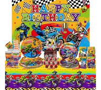 Ywediim Fournitures de fête d'anniversaire Dirt Bike, comprend une toile de fond Happy Birthday, une assiette, des décorations de gâteau, pour les décorations de sports extrêmes de moto pour garçons