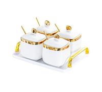 YWJLQH Récipient en Porcelaine pour Condiments, boîte à épices avec cuillère pour comptoir, 4 Pots d'or