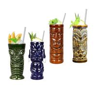YXCQHZM Lot de 4 tasses Tiki, verres à cocktail, accessoires de bar Tiki, tasses à cocktail en céramique, 400 ml, design hawaïen, décoration de fête, naturel