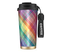 YXDVPALNE Rayures à carreaux multicolores arc-en-ciel colorées,Tasse à café isotherme en acier inoxydable 316 avec cordon, 500 ml, idéale pour les voyages en voiture