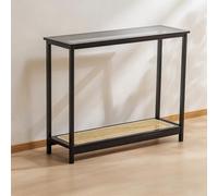 YXLLGS Table Console Étroite avec Rangement à 2 Niveaux, Table D'entrée en Bambou avec Plateau en Verre Et Étagère en Rotin, Table de Canapé Fine for Couloir, Salon(Black,100x26x75.5cm/39x10x29in)