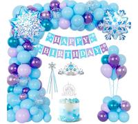YYDSXK Decoration Anniversaire Fille, Princesse Ballon avec Happy Birthday Guirlande, Cake Topper, Couronne Wand Princesse, Foil Ballons - Bleu Violet Deco, Kit Decoration Anniversaire