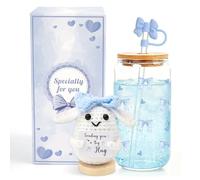 YYSWSAKY Cadeaux pour Filles Adolescentes 9 10 11 12 13 14 15 16 Ans, Bow Gobelet en Verre & Lapin Positif, 473ml Tasse en Verre avec Couvercle et Paille, Cadeaux pour Fille Anniversaire Pâques (Bleu)