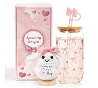 YYSWSAKY Cadeaux pour Filles Adolescentes 9 10 11 12 13 14 15 16 Ans, Bow Gobelet en Verre & Lapin Positif, 473ml Tasse en Verre avec Couvercle et Paille, Cadeaux pour Fille Anniversaire Pâques (Rose)