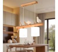 YYUTLUO Lustre moderne en bois avec oiseau blanc, abat-jour en verre à 2 ampoules E27+suspensions en bois naturel, fil de suspension réglable de 120cm, pour salon, salle à manger, cuisine(L60 x l15cm)