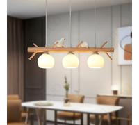 YYUTLUO Lustre moderne en bois avec oiseau blanc, abat-jour en verre à 3 ampoules E27+suspensions en bois naturel, fil de suspension réglable de 120cm, pour salon, salle à manger, cuisine(L80 x l15cm)