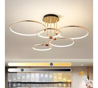 YYUTLUO Plafonnier LED, Ø93cm lustre Cercle En Métal Doré, 108W Dimmable En Continu 3000-6000K, Pendentif Galvanoplastie Rond Moderne, Chambre Salon Enfants Bureau Étude Cuisine Couloir (5 Anneaux)