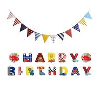 YZIRVNZ Banderole Joyeux Anniversaire,Pré-Montée Décorations De Fête d'Anniversaire Thème Cars Avec Fanion Rayé,Decoration Anniversaire Cars Flash Mcqueen Pour Garçons Décoration De Fête Thème Voiture