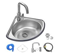 YZJJ Evier Plonge INOX Cuisine d'angle Petit évier Mural Acier Inoxydable à Une Seule cuve Lavabo Triangulaire Petit évier d'angle pour Toilettes Salle Bain Cuisine (avec Robinet et Tuyau d'entrée)