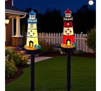 YZYOE 2 paquets de solaires rouge et bleu lampes de sol du phare, jardin en résine décorative mignonne lampes du phare, sans fil au crépuscule au crépuscule lumières LED étanches à l'eau.