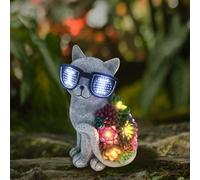 YZYOE LED solaire alimenté chat succulent avec des lunettes de lumière, des lunettes chat d'atmosphère extérieure s'éclaireront, animaux de résine mignons et lumières paysage jardin succulentes.