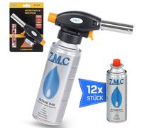 Z.M.C Brûleur à gaz + 12 cartouches de gaz de 227 g, température jusqu'à 1300 °C, chalumeau de soudage avec allumage piézoélectrique, chalumeau Bunsen 1,3 KW, embout de brûleur avec flamme réglable