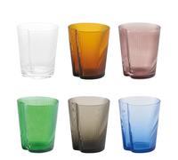 Zafferano Lot de 6 Verres Tumbler Handy en Verre Soufflé Coloré, Design Ergonomique Empilable avec Surface à Rainures Verticales, Différentes Couleurs Assorties