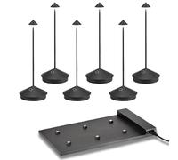 Zafferano Pina Pro, lot de 6, lampe de table LED sans fil rechargeable, commande tactile, variateur 2200-3000 K, hauteur 29 cm, avec station de recharge pour 6 lampes (noir mat)