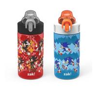 Zak Designs Sonic the Hedgehog Kids Bouteille d'eau pour l'école ou les voyages, bouteille d'eau en plastique durable de 16 oz avec paille, poignée et anti-fuite, couvercle à bec pop-up, lot de 2