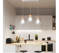 Zaku Suspension Luminaire Vintage Industrielle 3 Lampes Lustre Abat-jour en Métal Bois Ø160mm Plafonnier E27 Rétro avec barre Blanc